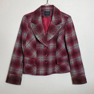 Tribal Womens Plaid Wool Blend Blazer Jacket crandberry magenta/Grey Size 10